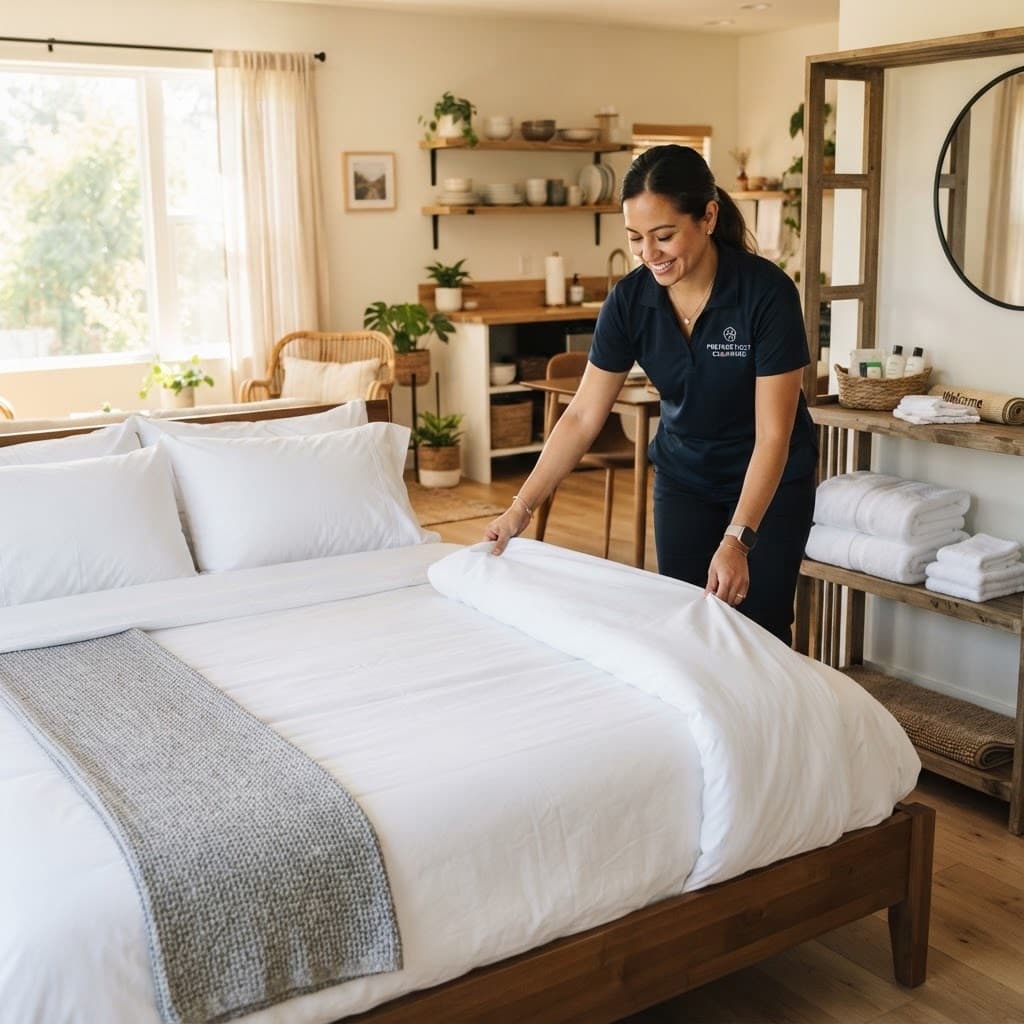 Freshly turned-over vacation rental studio with hotel-quality made bed